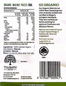 Trickett's Grove Organic Walnut Pieces 100g back label with Nutrition Information