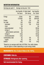Load image into Gallery viewer, Trickett&#39;s Grove Cold-pressed New Zealand Walnut Oil 100ml back label Nutrition Information