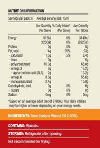 Trickett's Grove Cold-pressed New Zealand Walnut Oil 100ml back label Nutrition Information