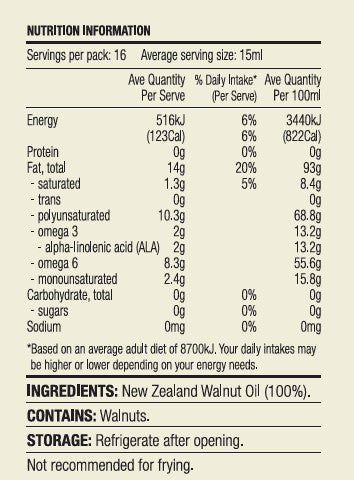 Trickett's Grove Cold-pressed New Zealand Walnut Oil 250ml back label Nutrition Information